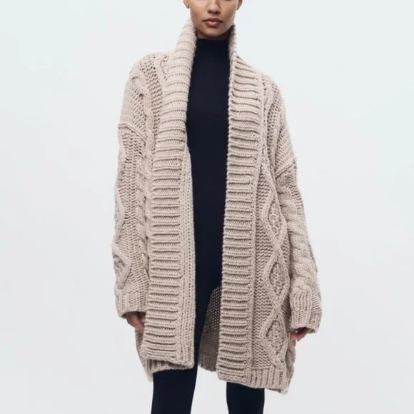 ZARA Cable Knit Coat in Stone Neutral Size Small (oversized...